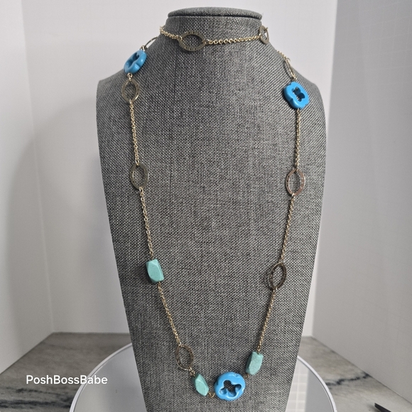 Turquoise Howlite & Gold-Tone Infinity Necklace – 34" No Clasp - Picture 1 of 11